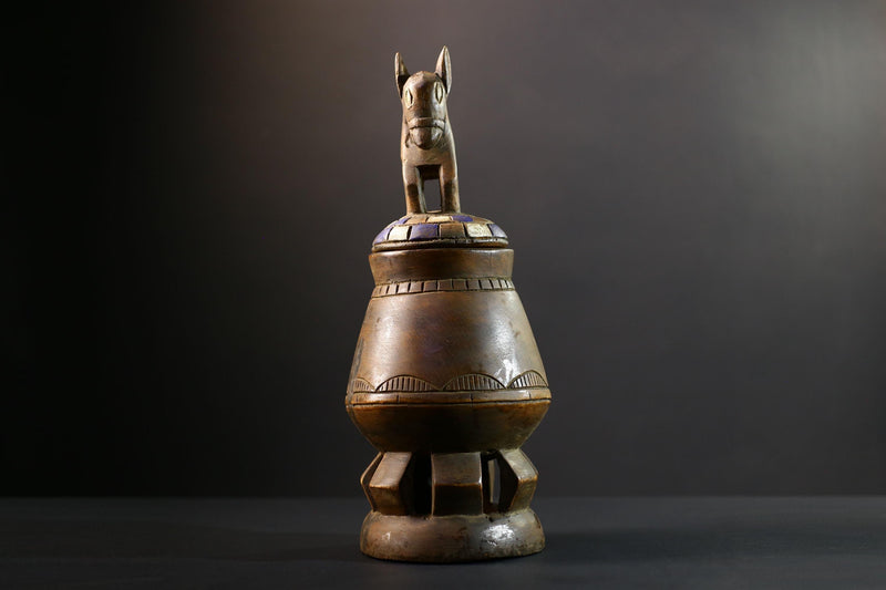 Africa Yoruba ceremonial vessel, carved altar jar with figure and heads, tribal ritual container, vintage ethnic wood shrine sculpture-G5345