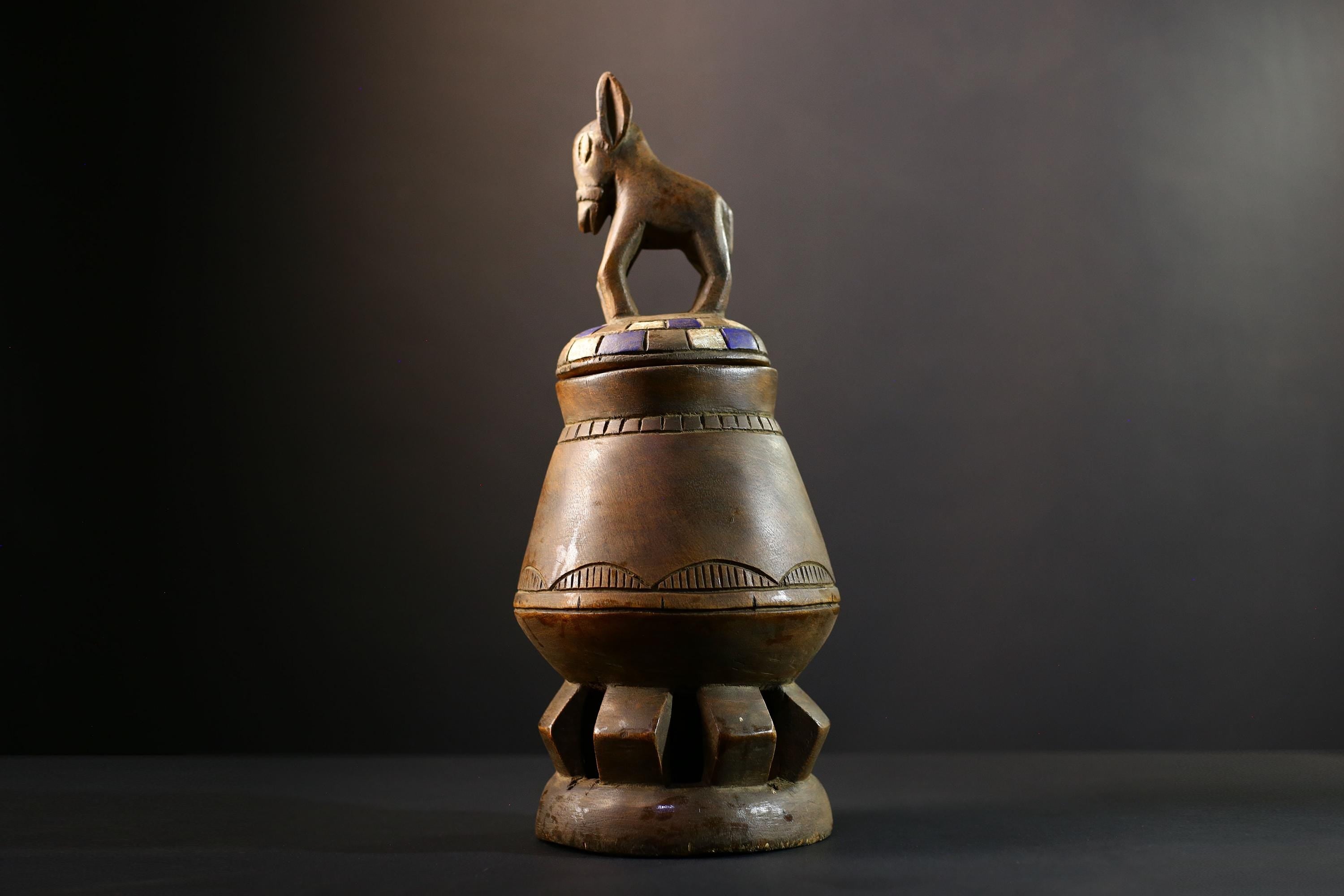 Africa Yoruba ceremonial vessel, carved altar jar with figure and heads, tribal ritual container, vintage ethnic wood shrine sculpture-G5345