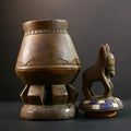 Africa Yoruba ceremonial vessel, carved altar jar with figure and heads, tribal ritual container, vintage ethnic wood shrine sculpture-G5345