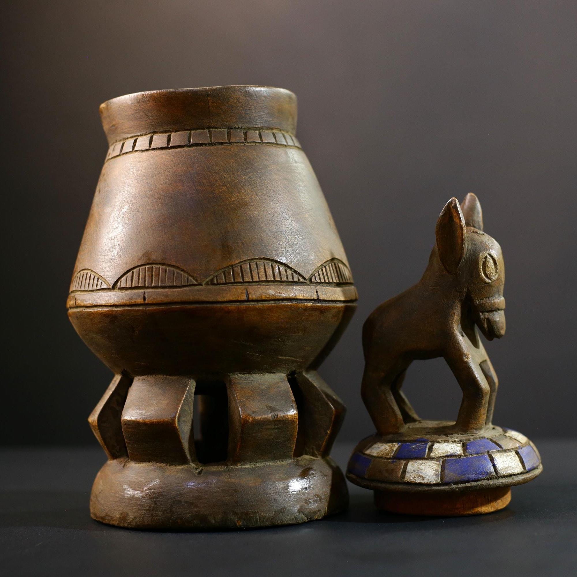 Africa Yoruba ceremonial vessel, carved altar jar with figure and heads, tribal ritual container, vintage ethnic wood shrine sculpture-G5345
