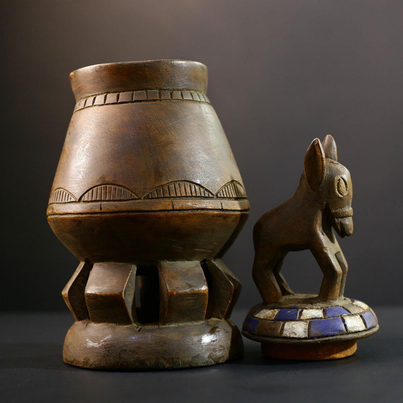 Africa Yoruba ceremonial vessel, carved altar jar with figure and heads, tribal ritual container, vintage ethnic wood shrine sculpture-G5345