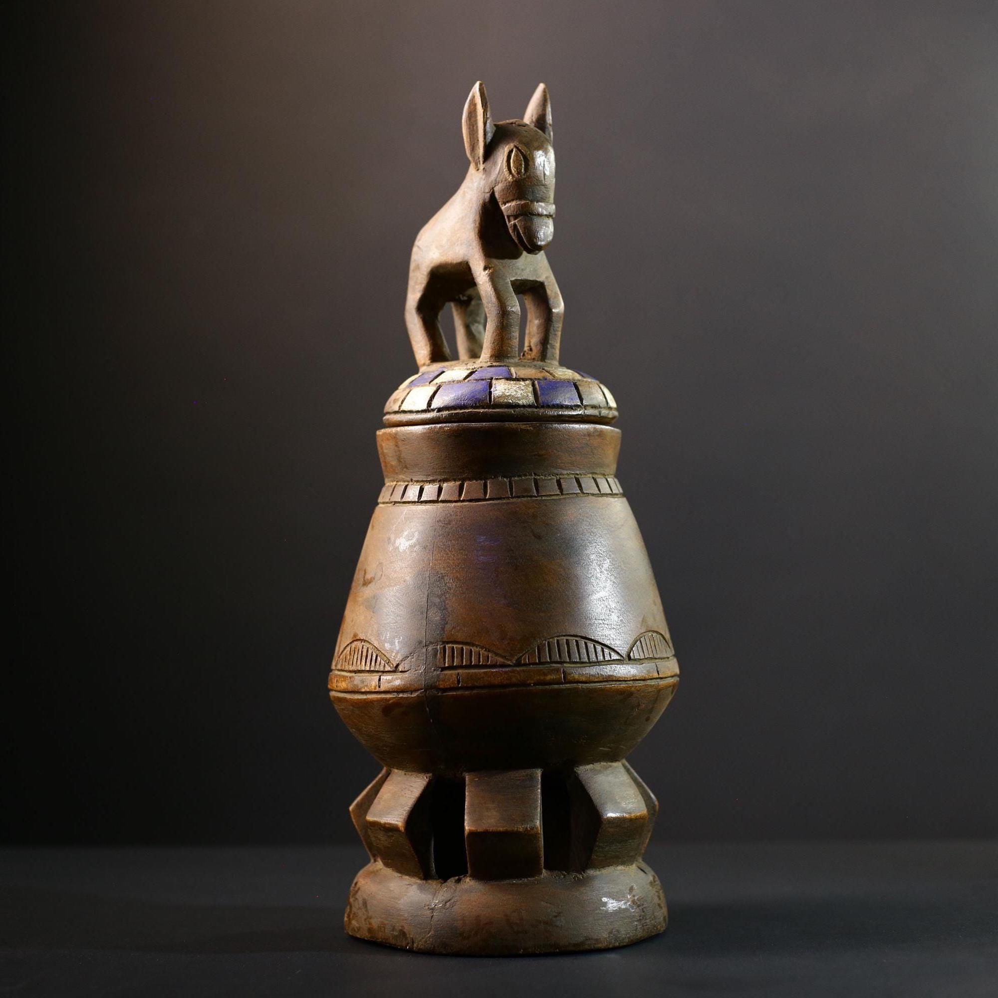 Africa Yoruba ceremonial vessel, carved altar jar with figure and heads, tribal ritual container, vintage ethnic wood shrine sculpture-G5345