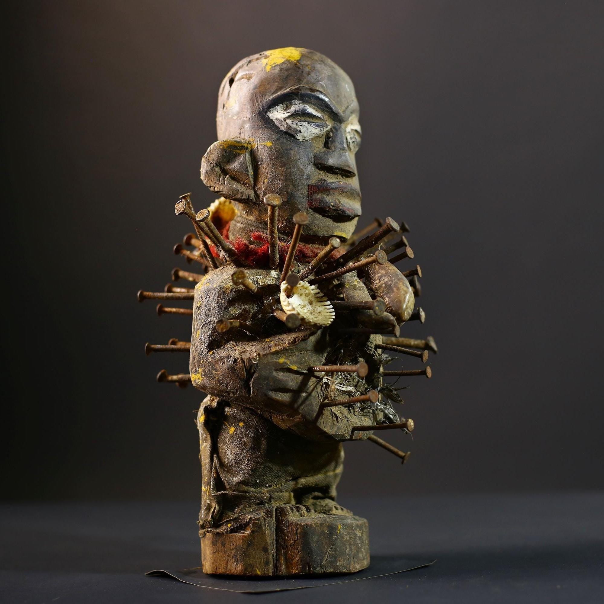 African Nkisi Nkondi Figurine | Tribal Voodoo Statue | Brown Vintage Decor | Handcarved Spiritual Art | Cultural Collectible Accent-G5241