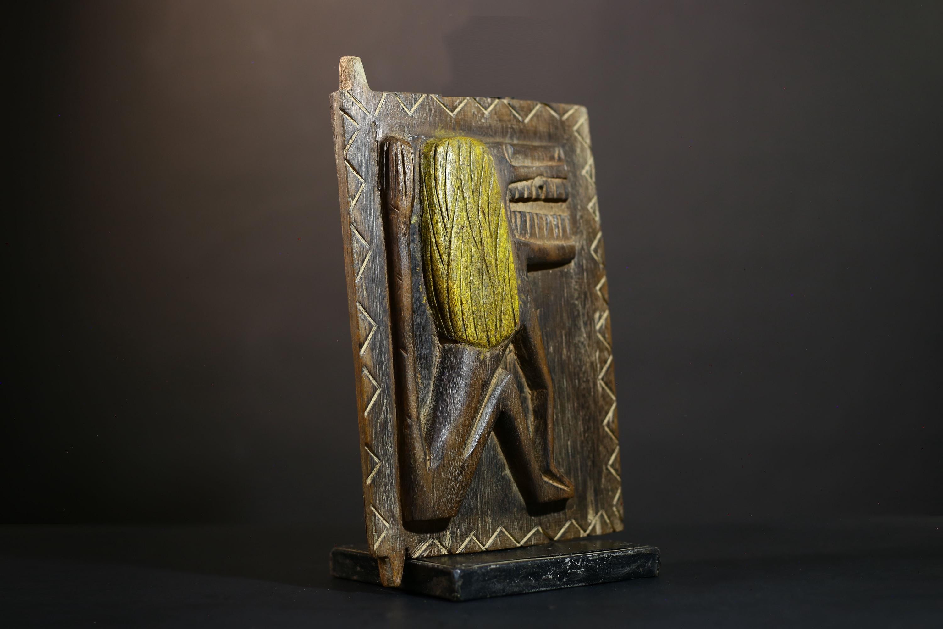 African Granary Door | Tribal Lion Carving | Vintage Brown Wood Wall Art | Handcrafted Ethnic Decor | Rustic African Home Accent-G5240
