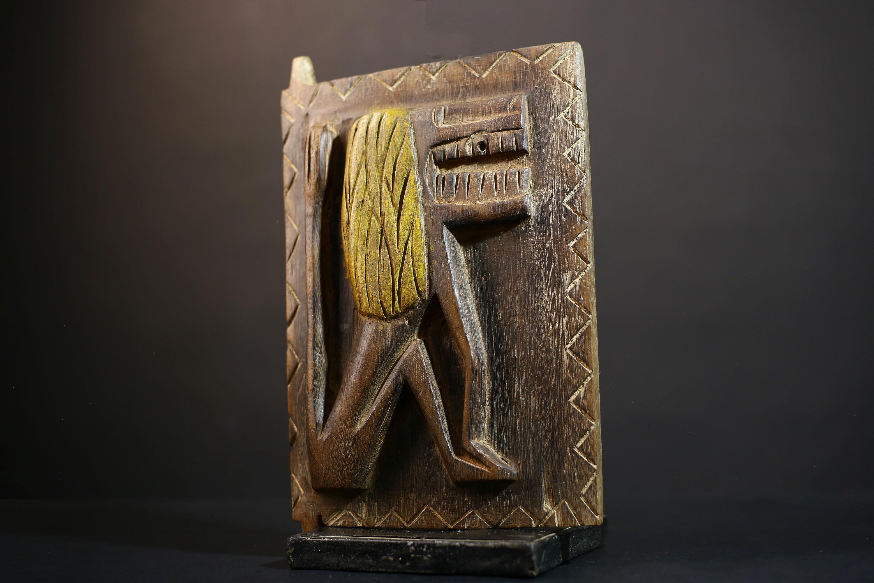 African Granary Door | Tribal Lion Carving | Vintage Brown Wood Wall Art | Handcrafted Ethnic Decor | Rustic African Home Accent-G5240