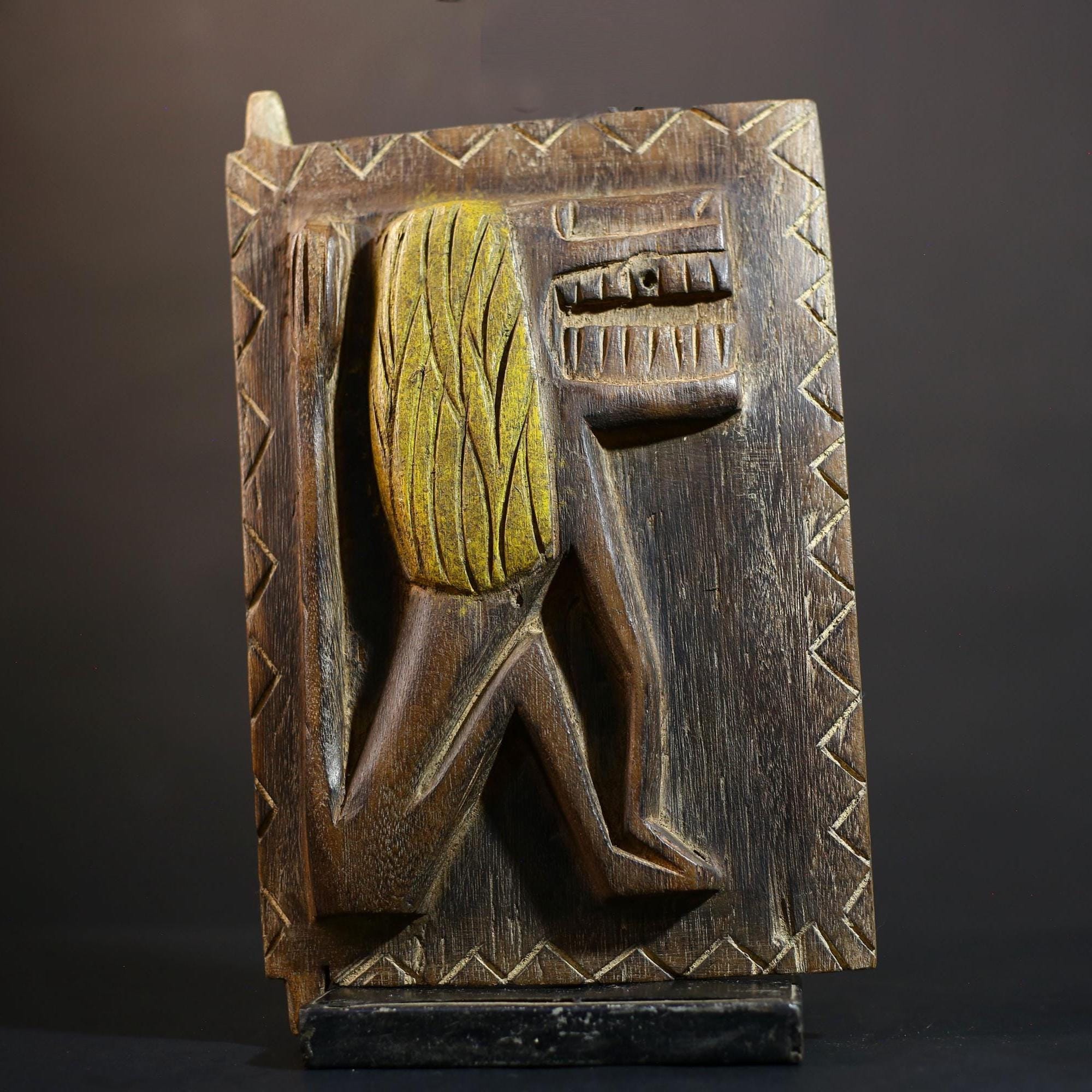 African Granary Door | Tribal Lion Carving | Vintage Brown Wood Wall Art | Handcrafted Ethnic Decor | Rustic African Home Accent-G5240