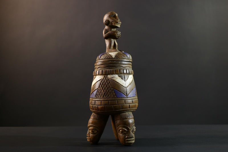 African Luba divination vessel,Tribal carved ritual container,Congo spirit figure jar,Wooden sacred storage art-G5359