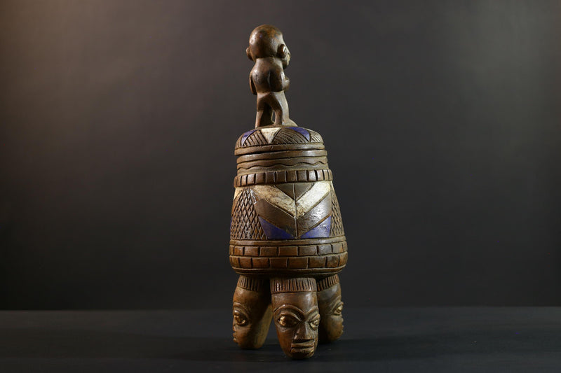 African Luba divination vessel,Tribal carved ritual container,Congo spirit figure jar,Wooden sacred storage art-G5359