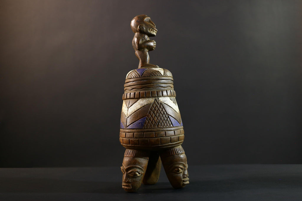 African Luba divination vessel,Tribal carved ritual container,Congo spirit figure jar,Wooden sacred storage art-G5359