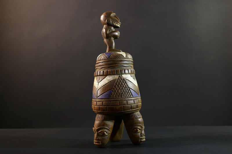 African Luba divination vessel,Tribal carved ritual container,Congo spirit figure jar,Wooden sacred storage art-G5359