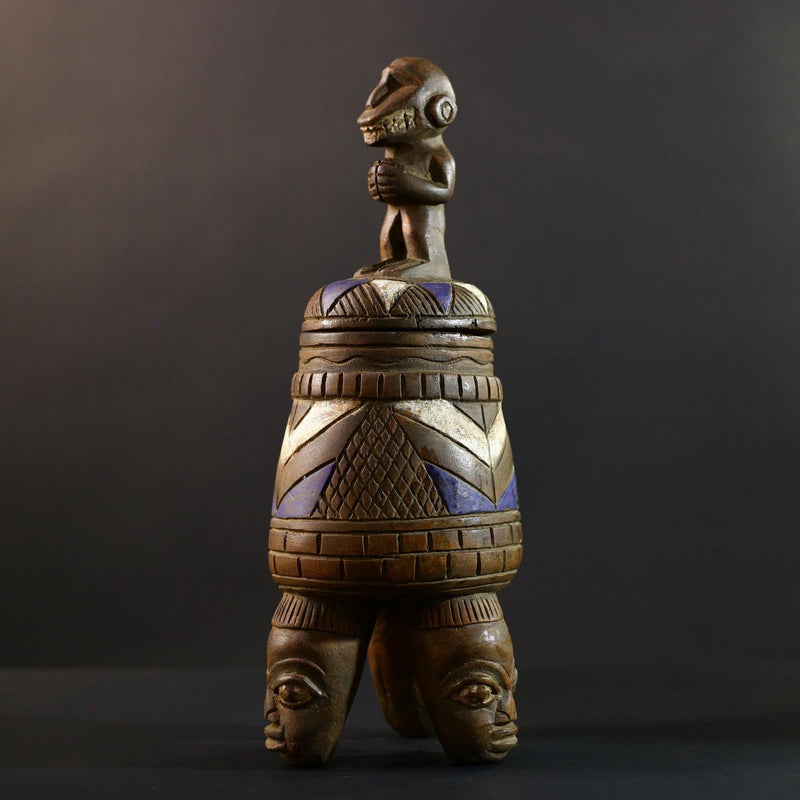African Luba divination vessel,Tribal carved ritual container,Congo spirit figure jar,Wooden sacred storage art-G5359