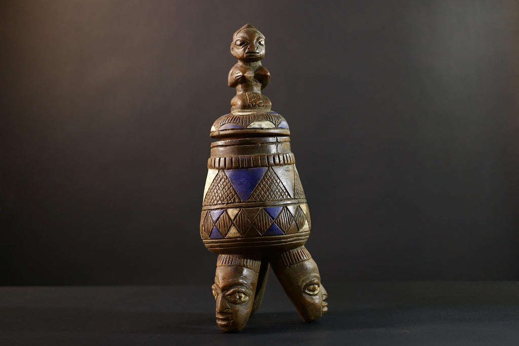 African Luba divination vessel,Tribal carved ritual container,Congo spirit figure jar,Wooden sacred storage art-G5358