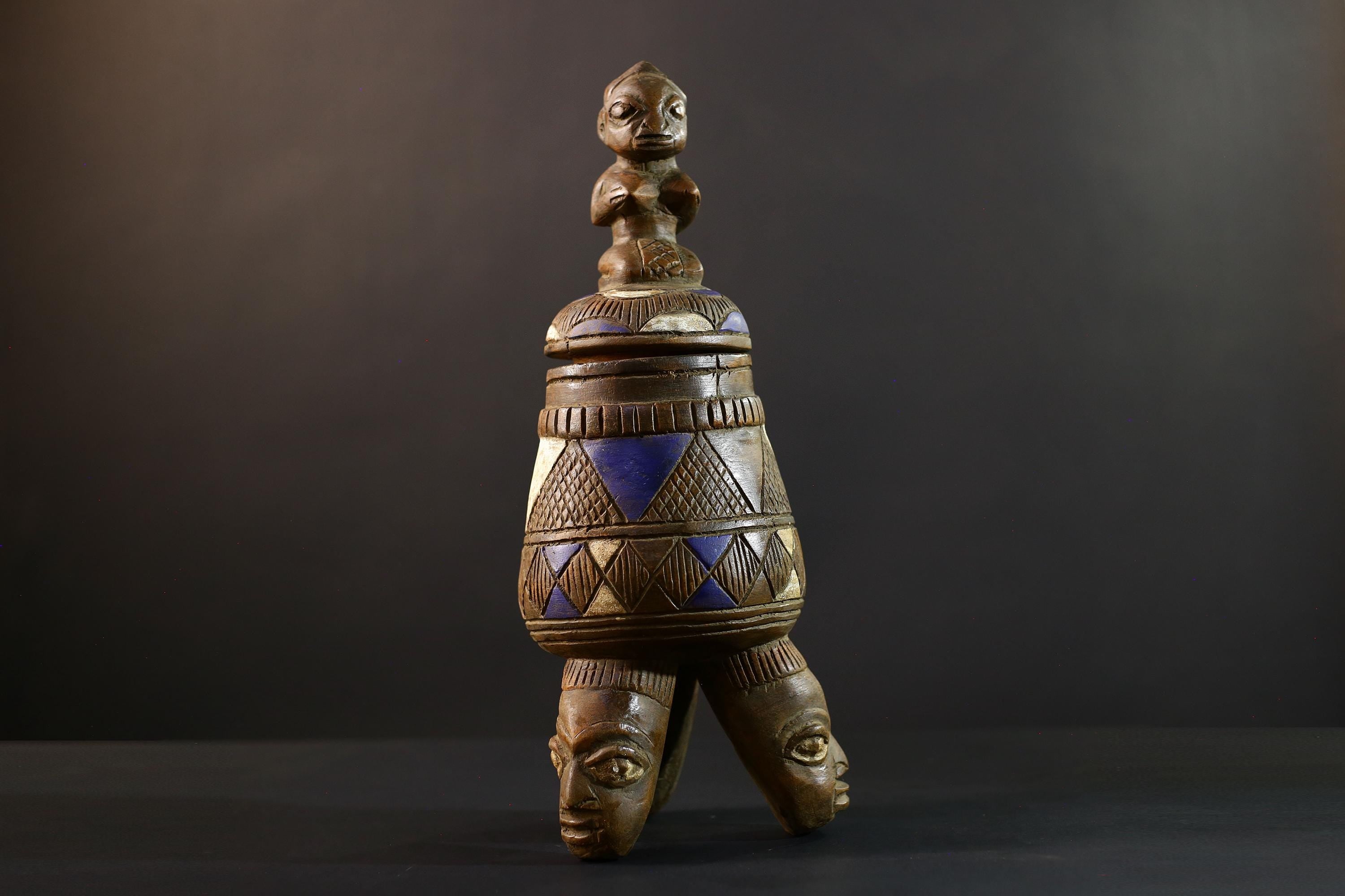 African Luba divination vessel,Tribal carved ritual container,Congo spirit figure jar,Wooden sacred storage art-G5358