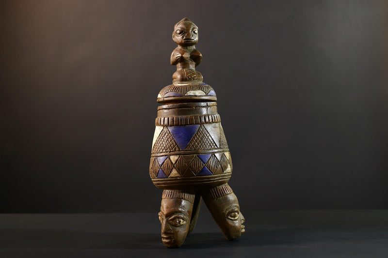 African Luba divination vessel,Tribal carved ritual container,Congo spirit figure jar,Wooden sacred storage art-G5358