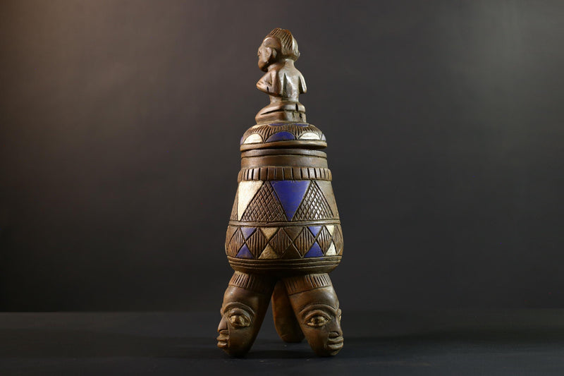 African Luba divination vessel,Tribal carved ritual container,Congo spirit figure jar,Wooden sacred storage art-G5358