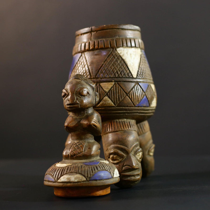 African Luba divination vessel,Tribal carved ritual container,Congo spirit figure jar,Wooden sacred storage art-G5358