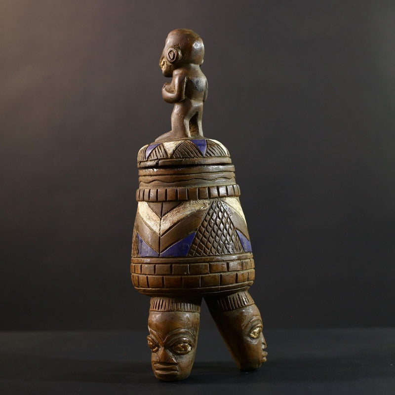 African Luba divination vessel,Tribal carved ritual container,Congo spirit figure jar,Wooden sacred storage art-G5358