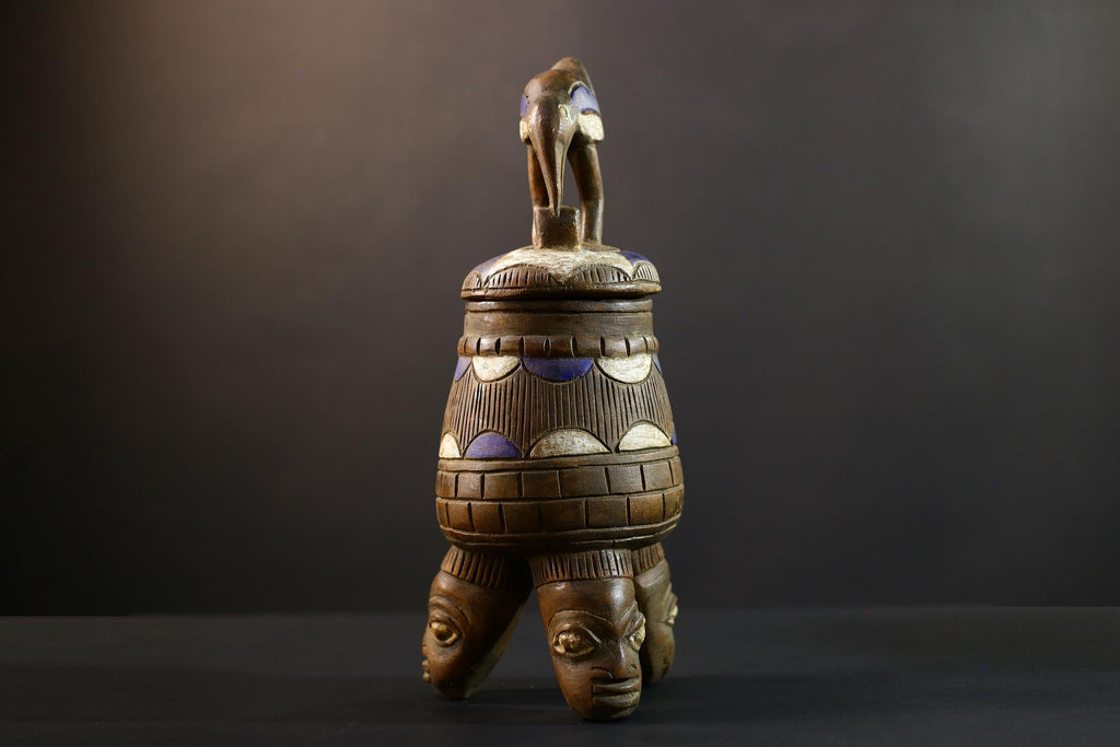 African Luba divination vessel,Tribal carved ritual container,Congo spirit figure jar,Wooden sacred storage art-G5357