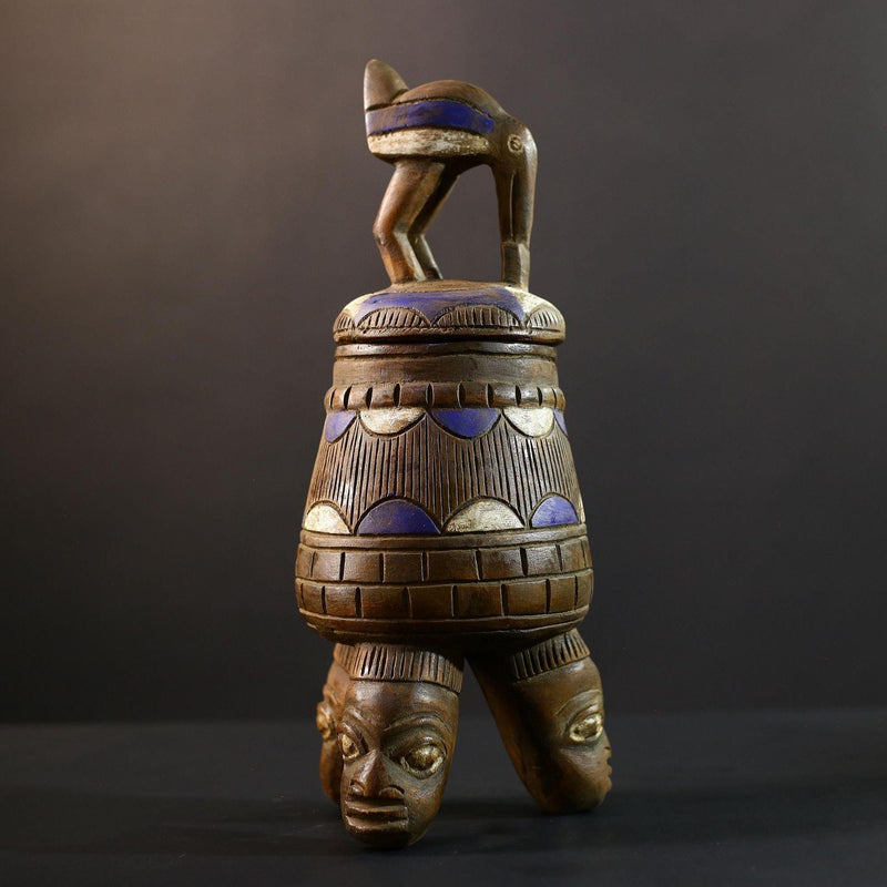 African Luba divination vessel,Tribal carved ritual container,Congo spirit figure jar,Wooden sacred storage art-G5357