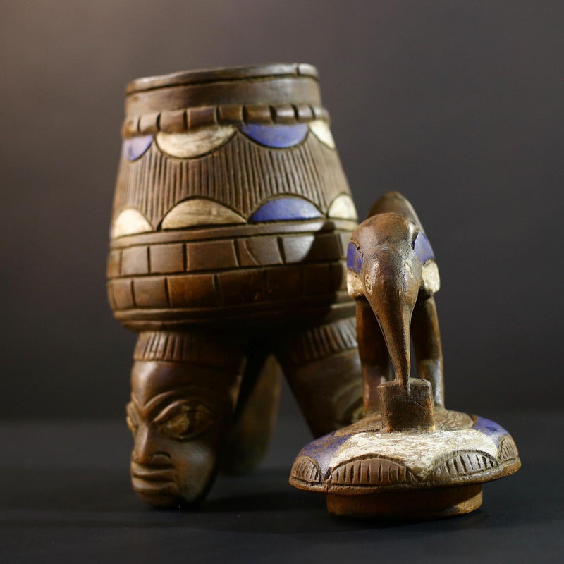 African Luba divination vessel,Tribal carved ritual container,Congo spirit figure jar,Wooden sacred storage art-G5357