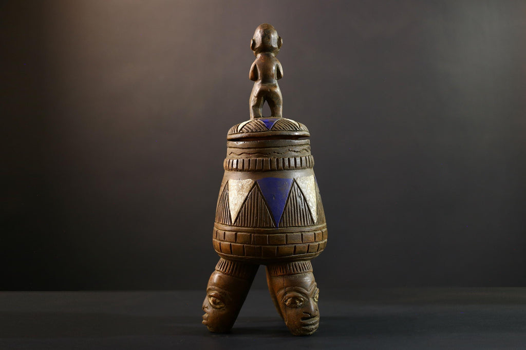 African Luba divination vessel,Tribal carved ritual container,Congo spirit figure jar,Wooden sacred storage art-G5356