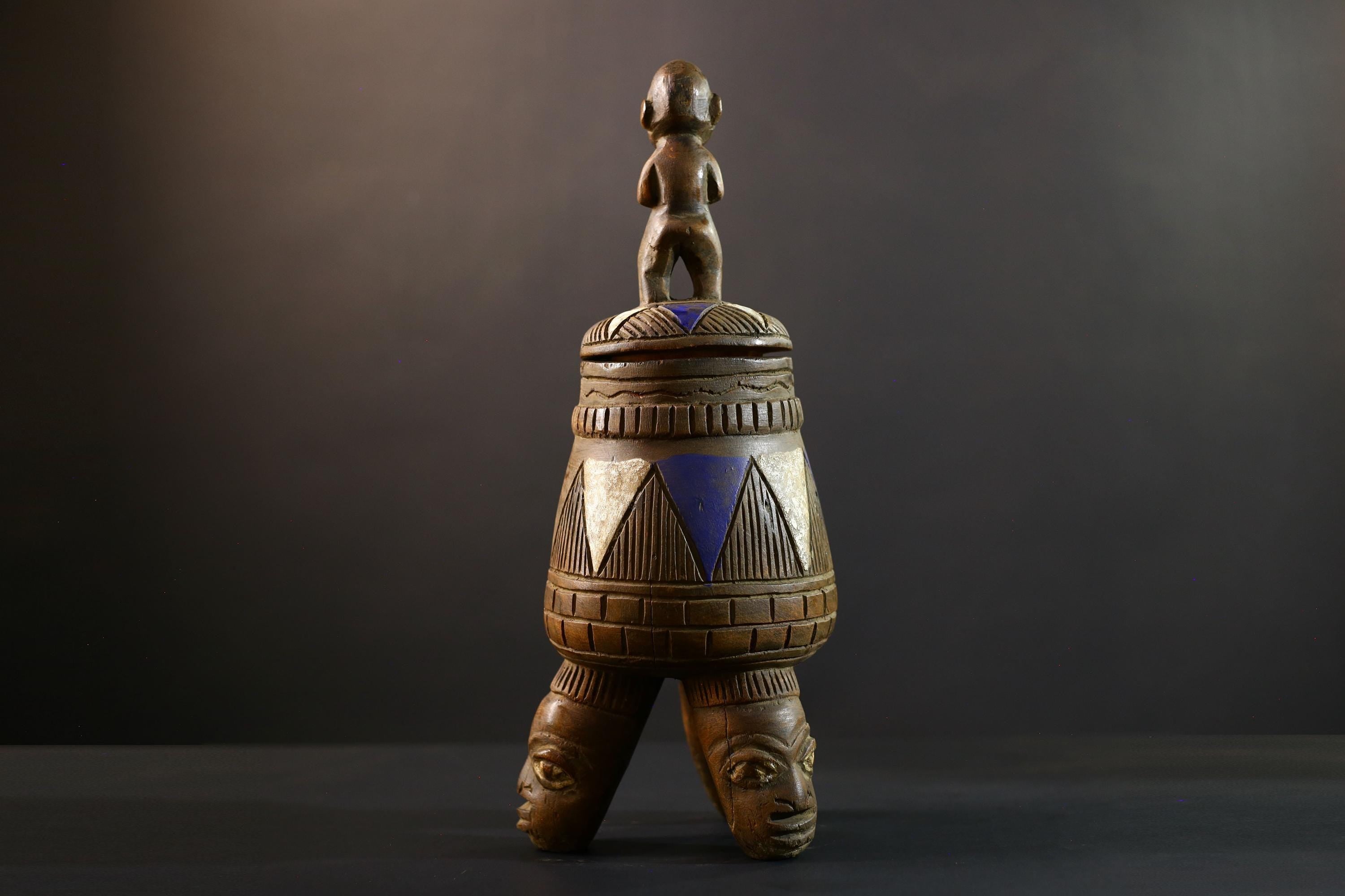 African Luba divination vessel,Tribal carved ritual container,Congo spirit figure jar,Wooden sacred storage art-G5356