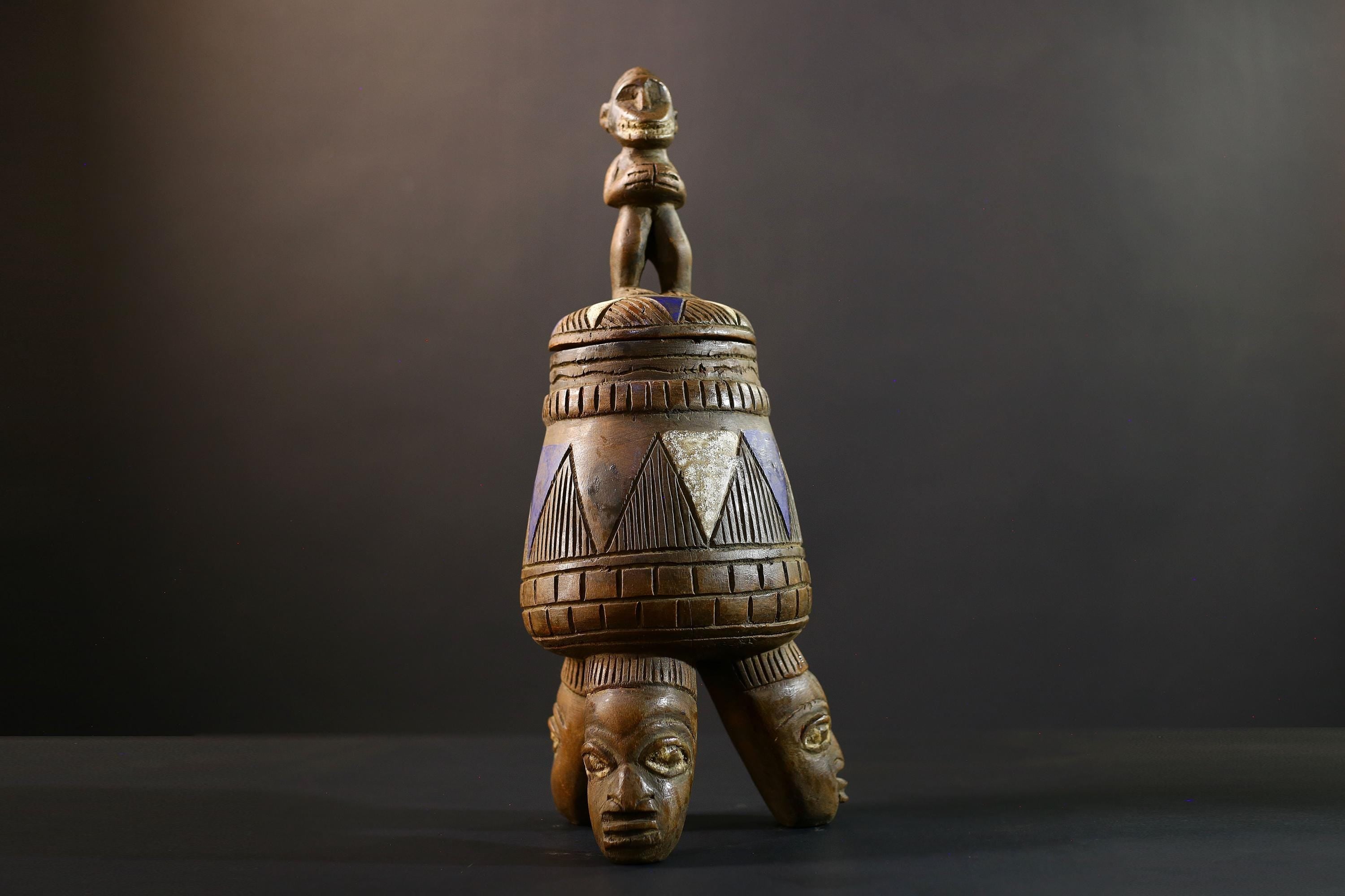 African Luba divination vessel,Tribal carved ritual container,Congo spirit figure jar,Wooden sacred storage art-G5356