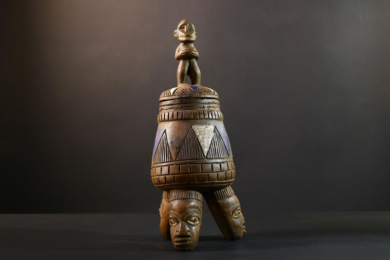 African Luba divination vessel,Tribal carved ritual container,Congo spirit figure jar,Wooden sacred storage art-G5356