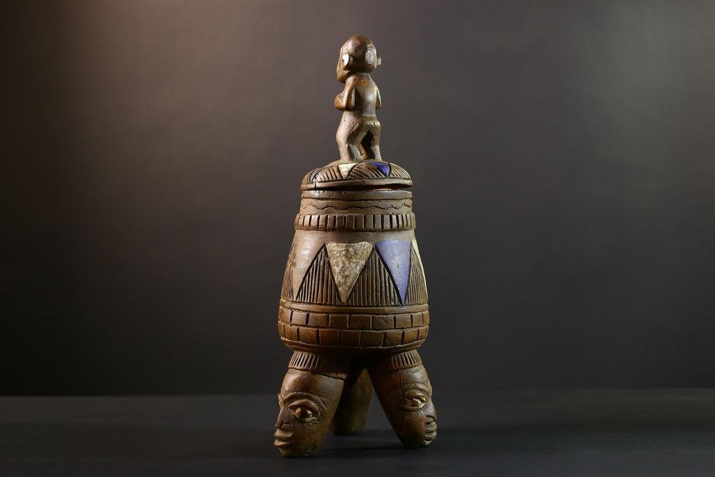 African Luba divination vessel,Tribal carved ritual container,Congo spirit figure jar,Wooden sacred storage art-G5356