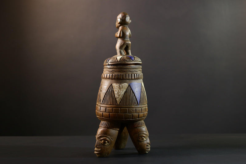 African Luba divination vessel,Tribal carved ritual container,Congo spirit figure jar,Wooden sacred storage art-G5356