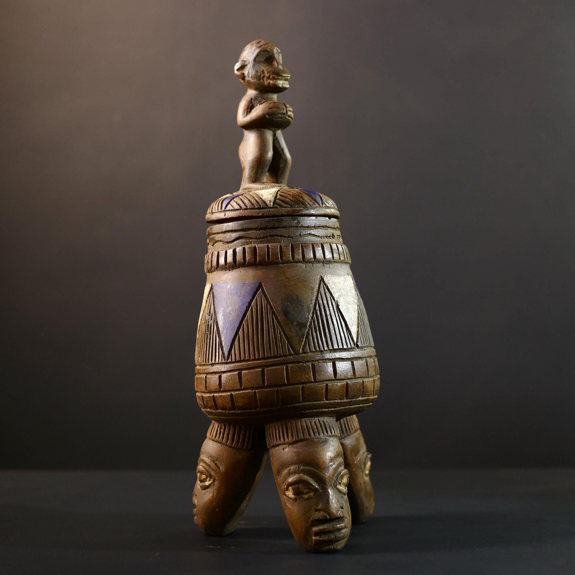 African Luba divination vessel,Tribal carved ritual container,Congo spirit figure jar,Wooden sacred storage art-G5356