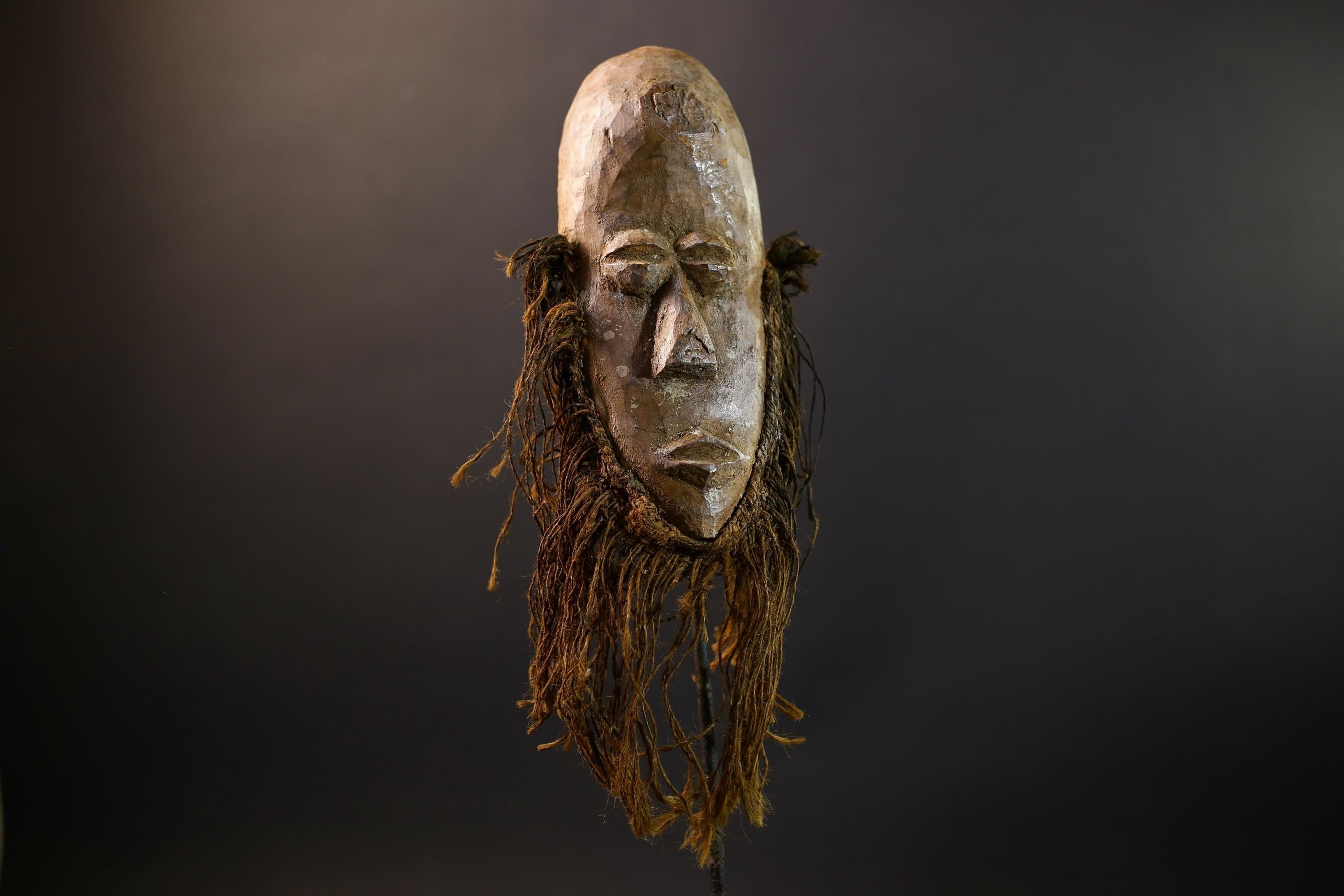 African Lega Mask | Bwami Society Art | Tribal Hand-Carved Wood Mask | Vintage Raffia Fiber Decor | Spiritual Wall Sculpture-G5254