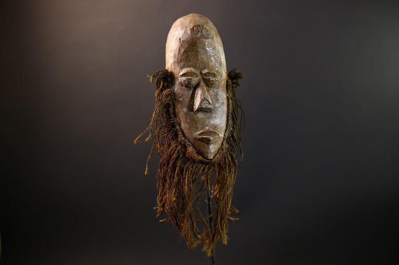 African Lega Mask | Bwami Society Art | Tribal Hand-Carved Wood Mask | Vintage Raffia Fiber Decor | Spiritual Wall Sculpture-G5254