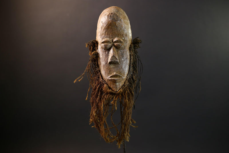 African Lega Mask | Bwami Society Art | Tribal Hand-Carved Wood Mask | Vintage Raffia Fiber Decor | Spiritual Wall Sculpture-G5254