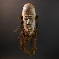 African Lega Mask | Bwami Society Art | Tribal Hand-Carved Wood Mask | Vintage Raffia Fiber Decor | Spiritual Wall Sculpture-G5254