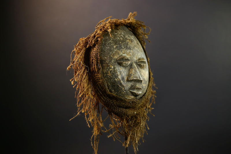 African Lega Mask | Hand-Carved Tribal Wood Art | Raffia Fiber Bwami Mask | Vintage Spiritual Mask Decor | Congo Wall Sculpture-G5253