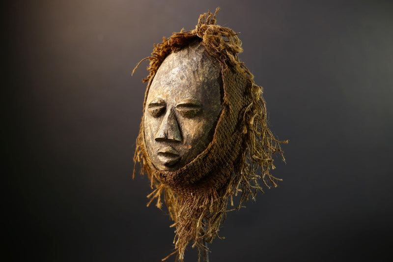 African Lega Mask | Hand-Carved Tribal Wood Art | Raffia Fiber Bwami Mask | Vintage Spiritual Mask Decor | Congo Wall Sculpture-G5253