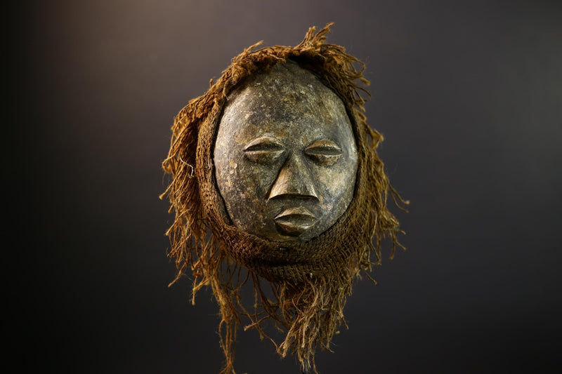 African Lega Mask | Hand-Carved Tribal Wood Art | Raffia Fiber Bwami Mask | Vintage Spiritual Mask Decor | Congo Wall Sculpture-G5253
