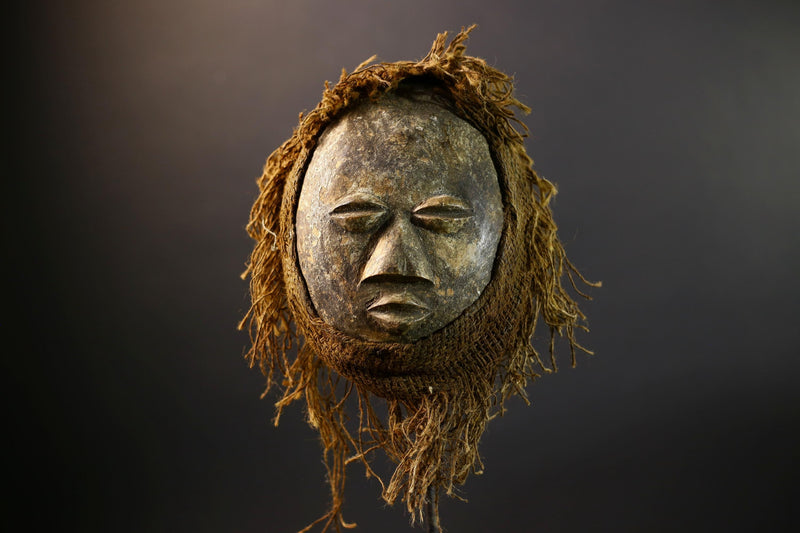 African Lega Mask | Hand-Carved Tribal Wood Art | Raffia Fiber Bwami Mask | Vintage Spiritual Mask Decor | Congo Wall Sculpture-G5253