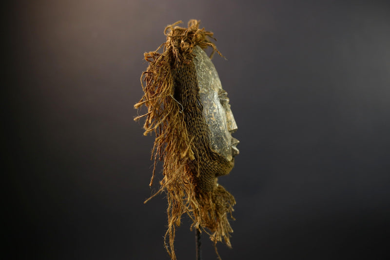 African Lega Mask | Hand-Carved Tribal Wood Art | Raffia Fiber Bwami Mask | Vintage Spiritual Mask Decor | Congo Wall Sculpture-G5253