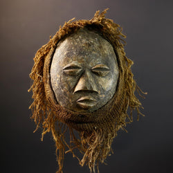 African Lega Mask | Hand-Carved Tribal Wood Art | Raffia Fiber Bwami Mask | Vintage Spiritual Mask Decor | Congo Wall Sculpture-G5253