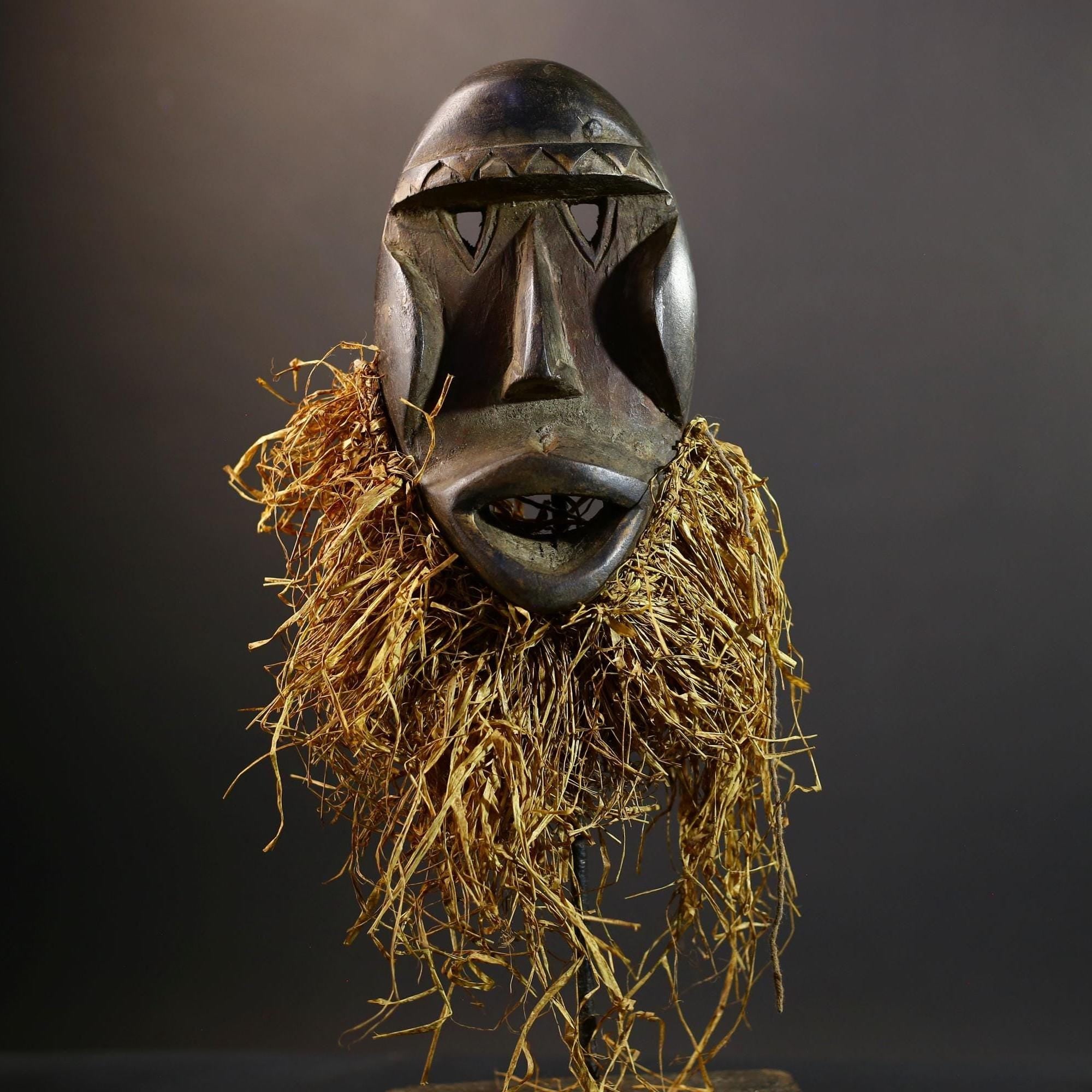 African Dan Mask | Tribal Wood Wall Decor | Hand-Carved Mask with Raffia Beard | Vintage African Art | West African Spirit Sculpture-G5252