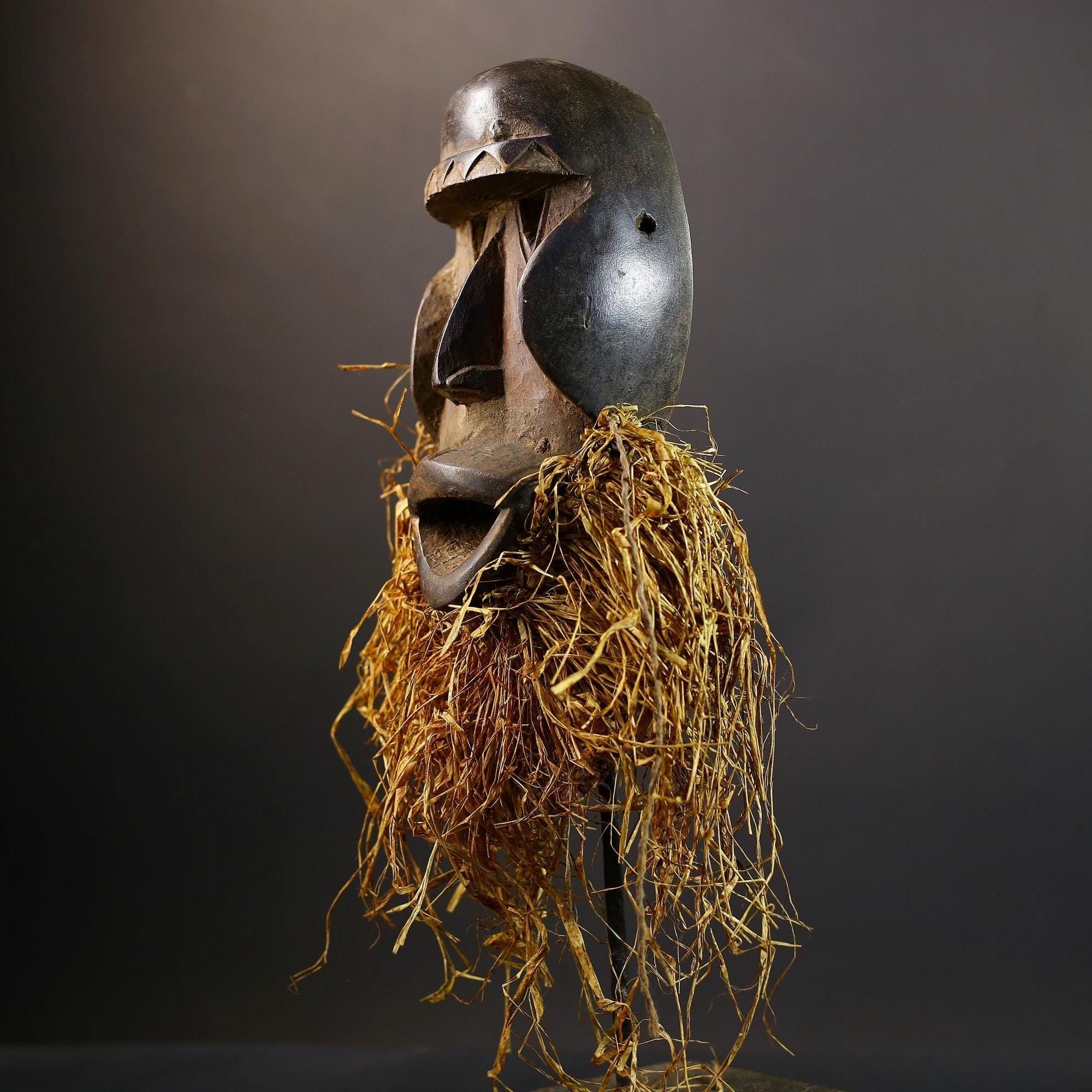 African Dan Mask | Tribal Wood Wall Decor | Hand-Carved Mask with Raffia Beard | Vintage African Art | West African Spirit Sculpture-G5252