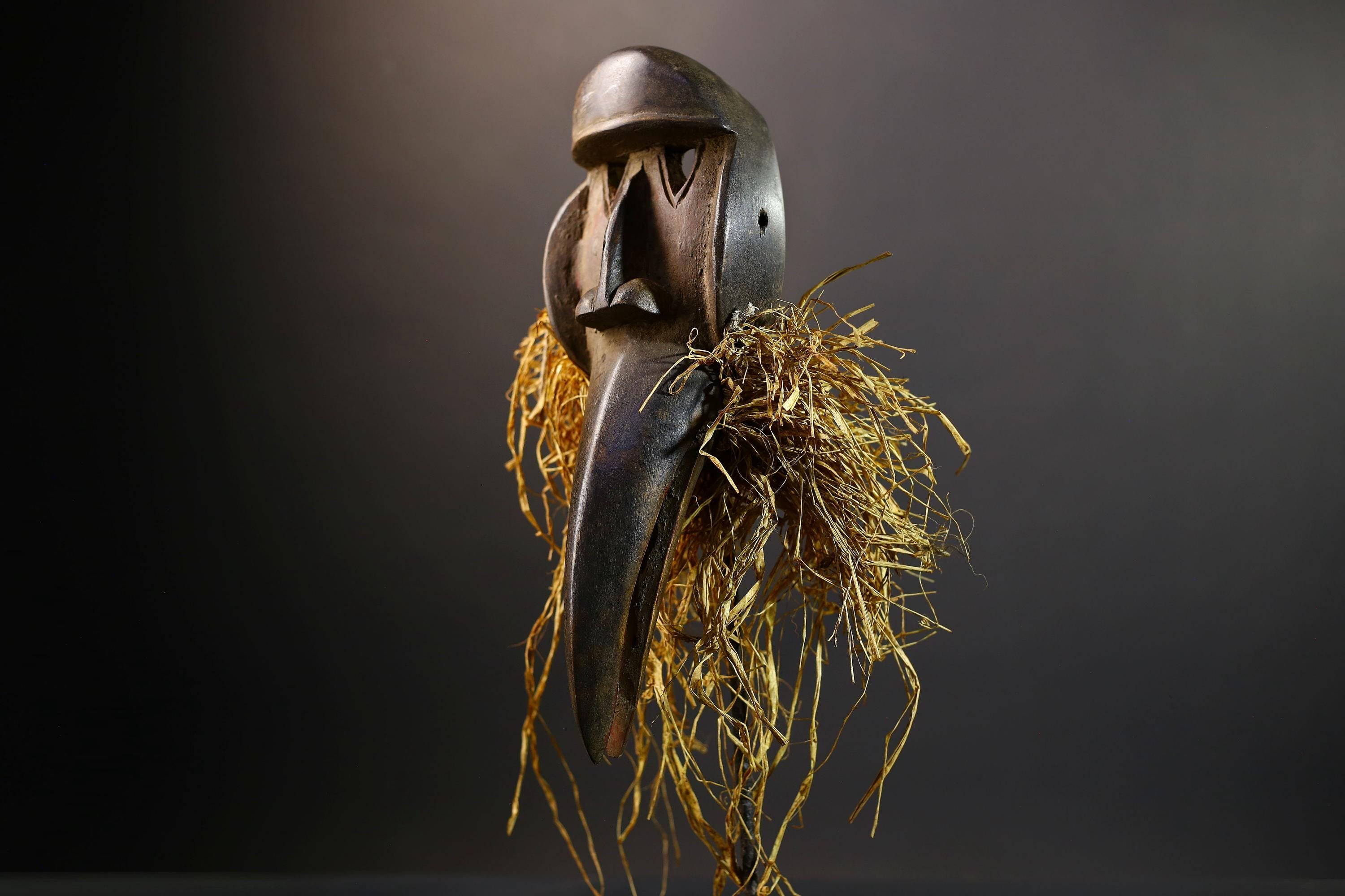 African Dan Bird Mask | Tribal Wood Spirit Mask | Long Beak Hand-Carved Decor | Raffia Wall Sculpture | Vintage African Ritual Art-G5251