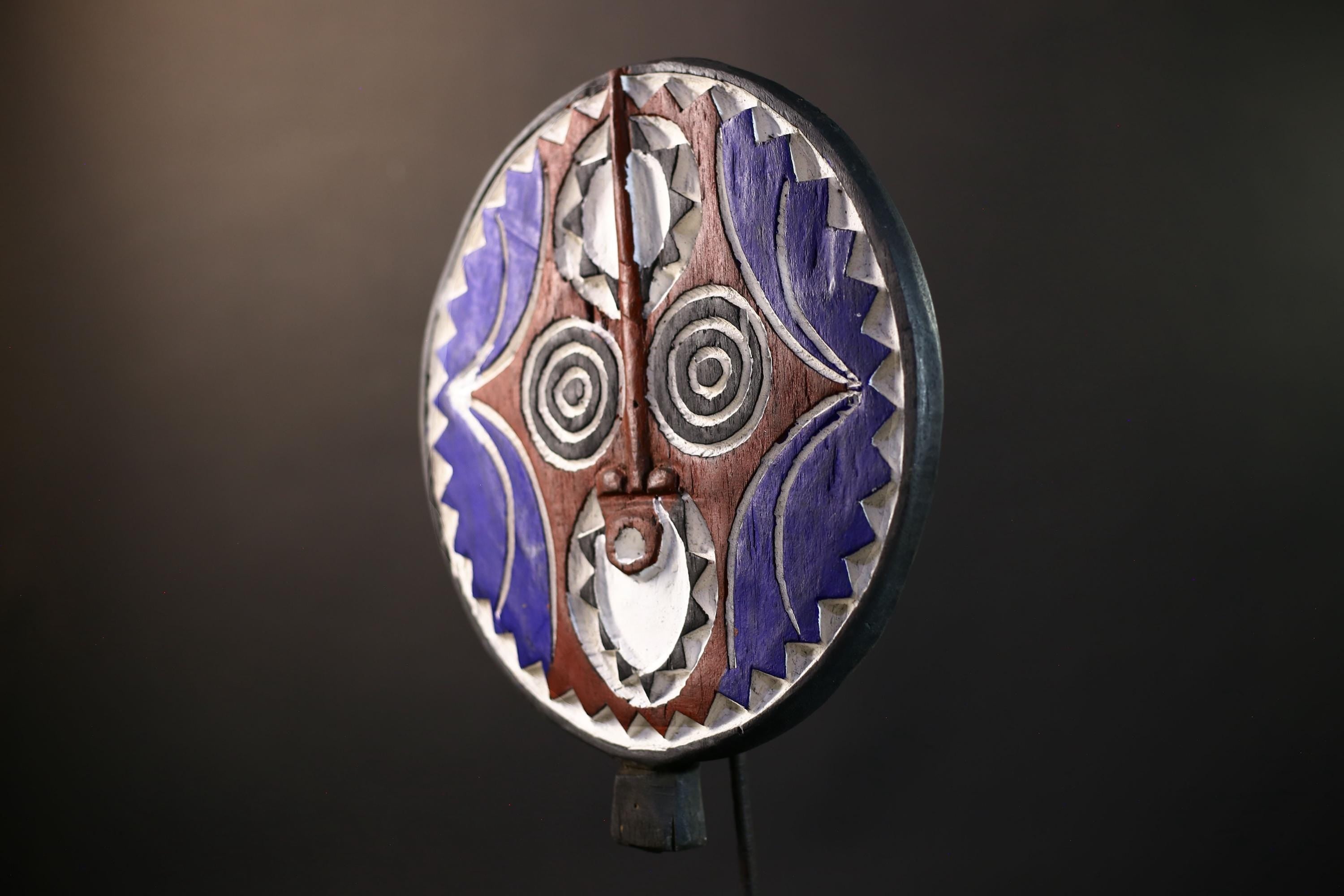 African Bwa Sun Mask | Hand-Carved Wood Wall Art | Tribal Burkina Faso Decor | Blue White Brown Mask | Vintage Ritual Spirit Sculpture-G5250