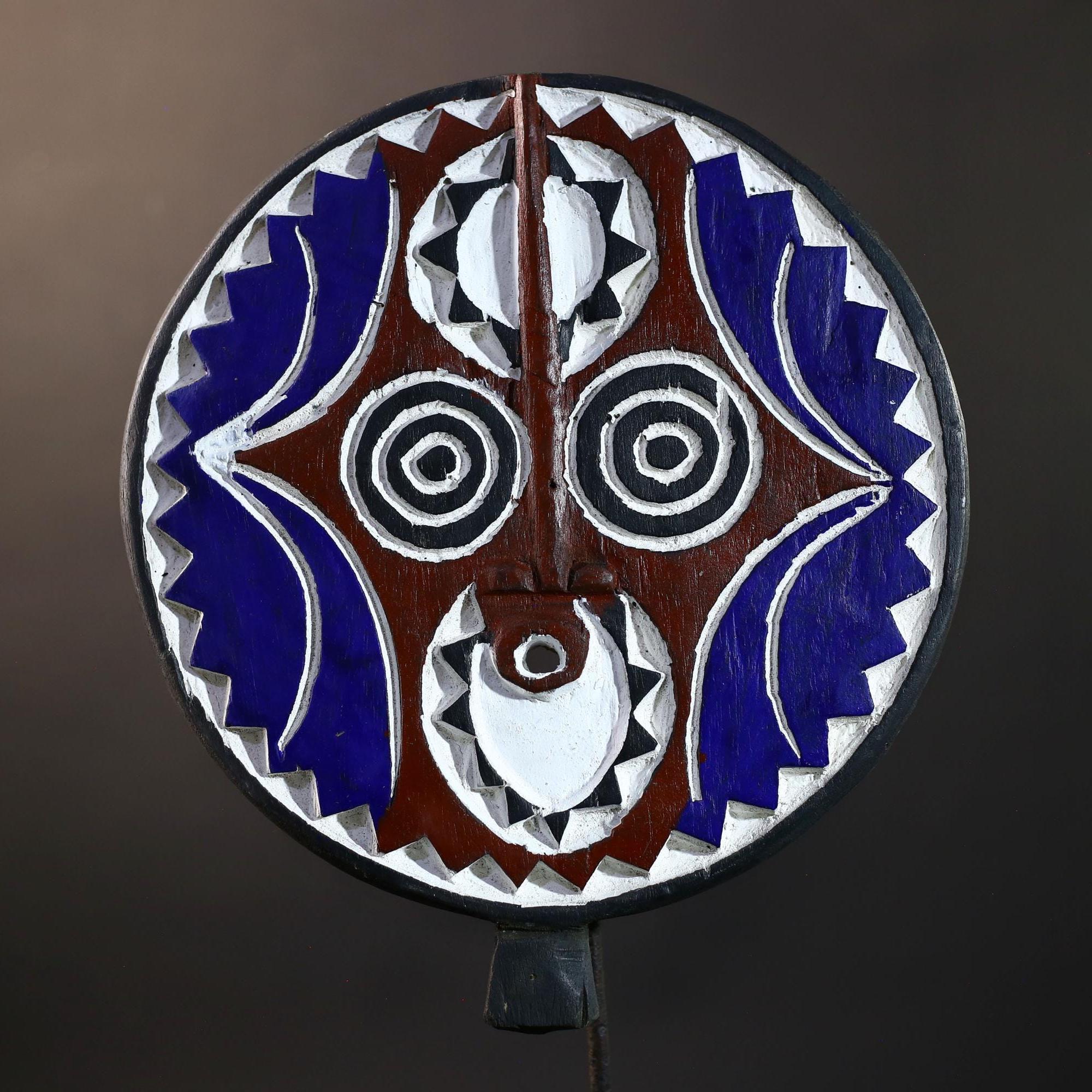 African Bwa Sun Mask | Hand-Carved Wood Wall Art | Tribal Burkina Faso Decor | Blue White Brown Mask | Vintage Ritual Spirit Sculpture-G5250