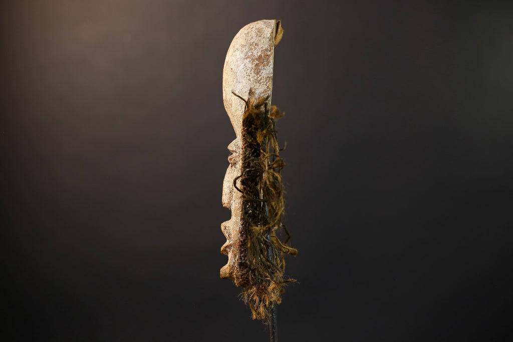 African Dan Mask | White Kaolin Wood Mask | Hand-Carved Tribal Wall Art | Spirit Face Sculpture | Traditional Raffia African Decor-G5249