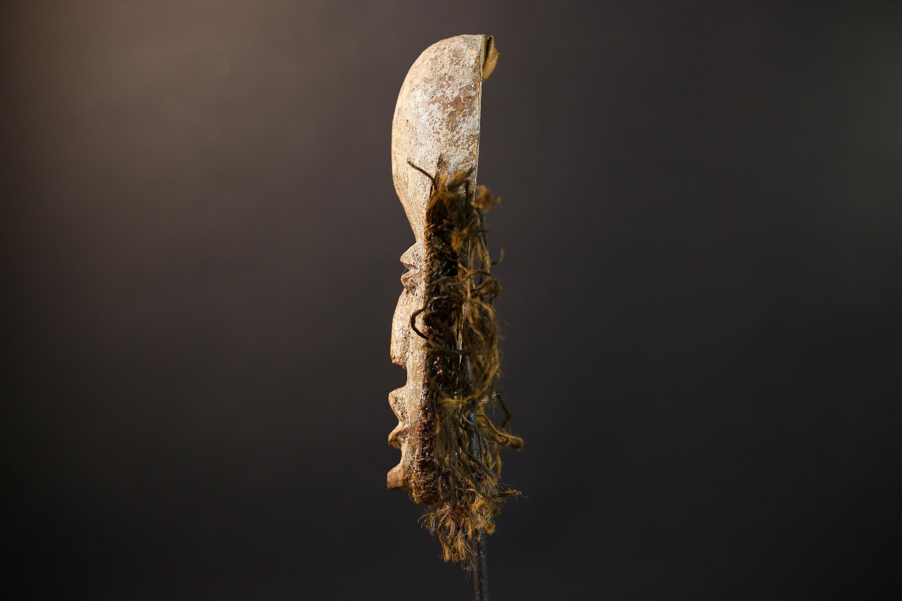 African Dan Mask | White Kaolin Wood Mask | Hand-Carved Tribal Wall Art | Spirit Face Sculpture | Traditional Raffia African Decor-G5249