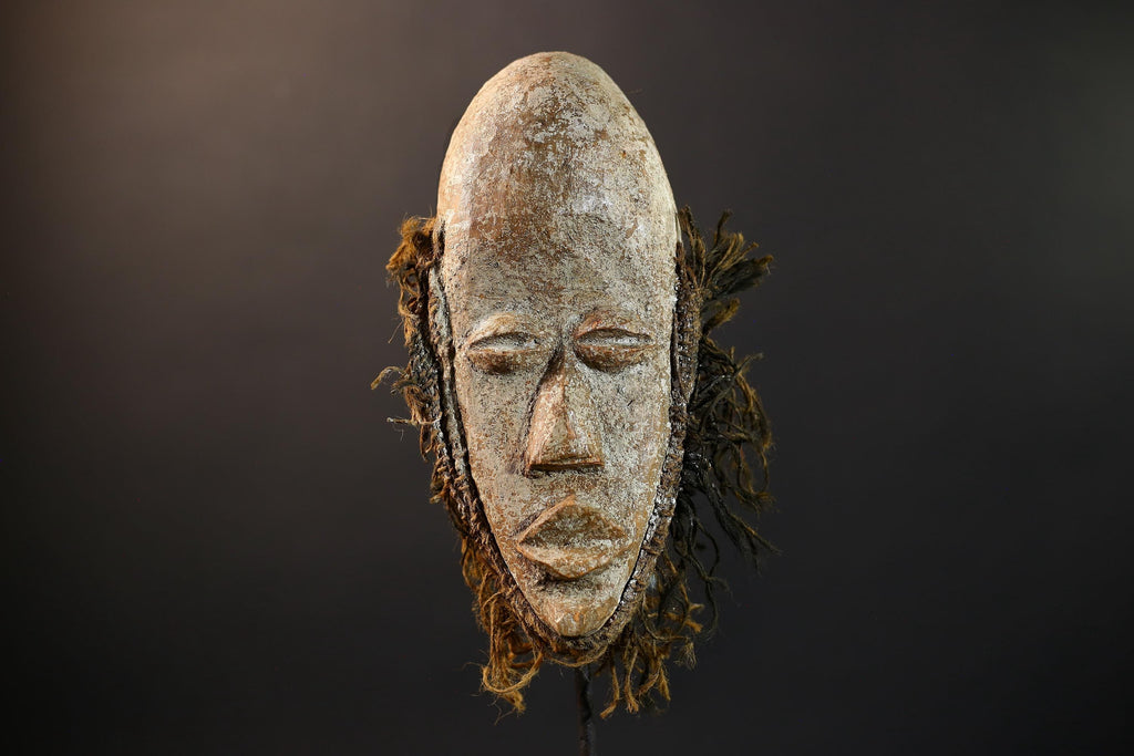 African Dan Mask | White Kaolin Wood Mask | Hand-Carved Tribal Wall Art | Spirit Face Sculpture | Traditional Raffia African Decor-G5249