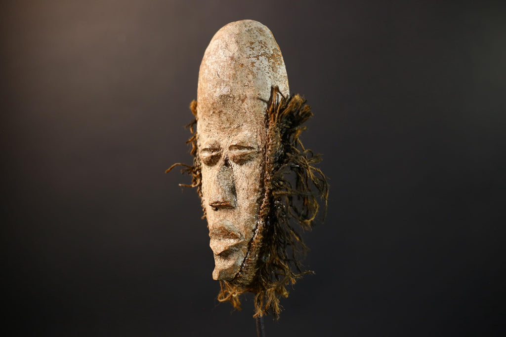 African Dan Mask | White Kaolin Wood Mask | Hand-Carved Tribal Wall Art | Spirit Face Sculpture | Traditional Raffia African Decor-G5249